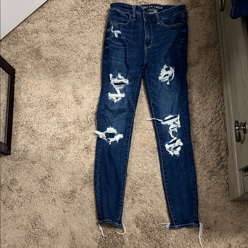 American Eagle Outfitters Women's Ripped Dark Blue Skinny Jeans